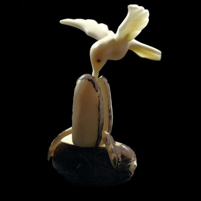 Colibri sur rose taillé dans la graine de tagua
