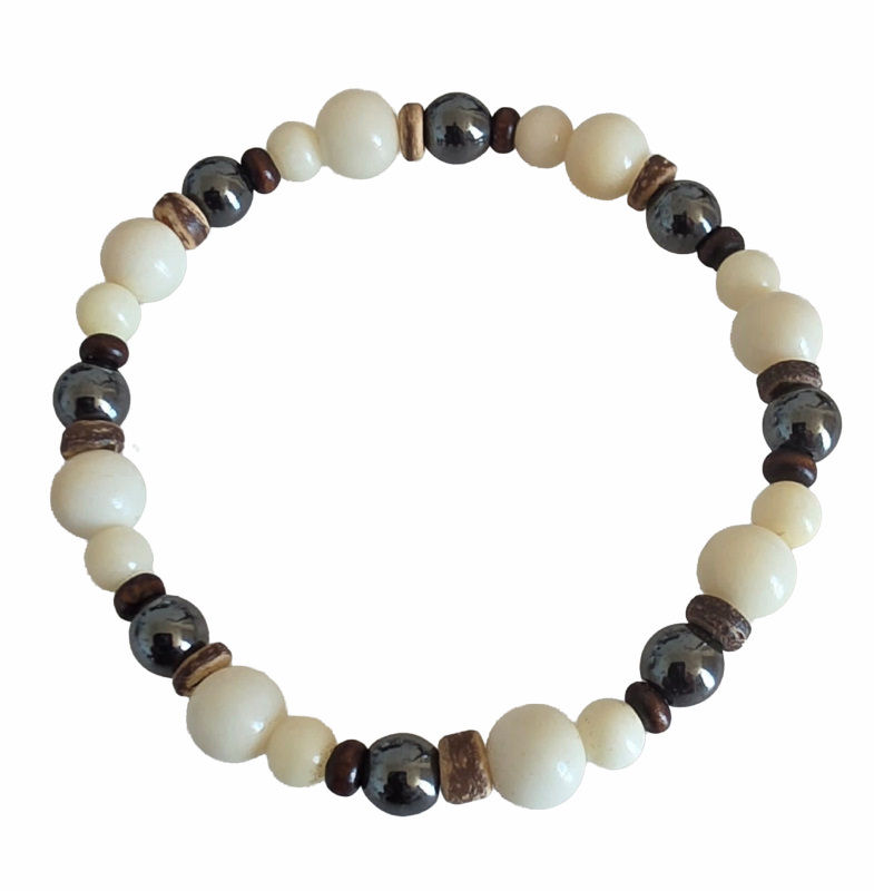 Bracelet tagua naturel, hématite et coco – 8 g