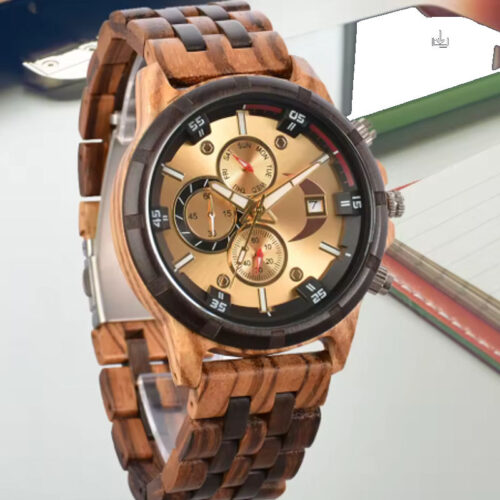 Montre en bois naturel avec chronographe, livrée avec coffret en bois et outil de réglage