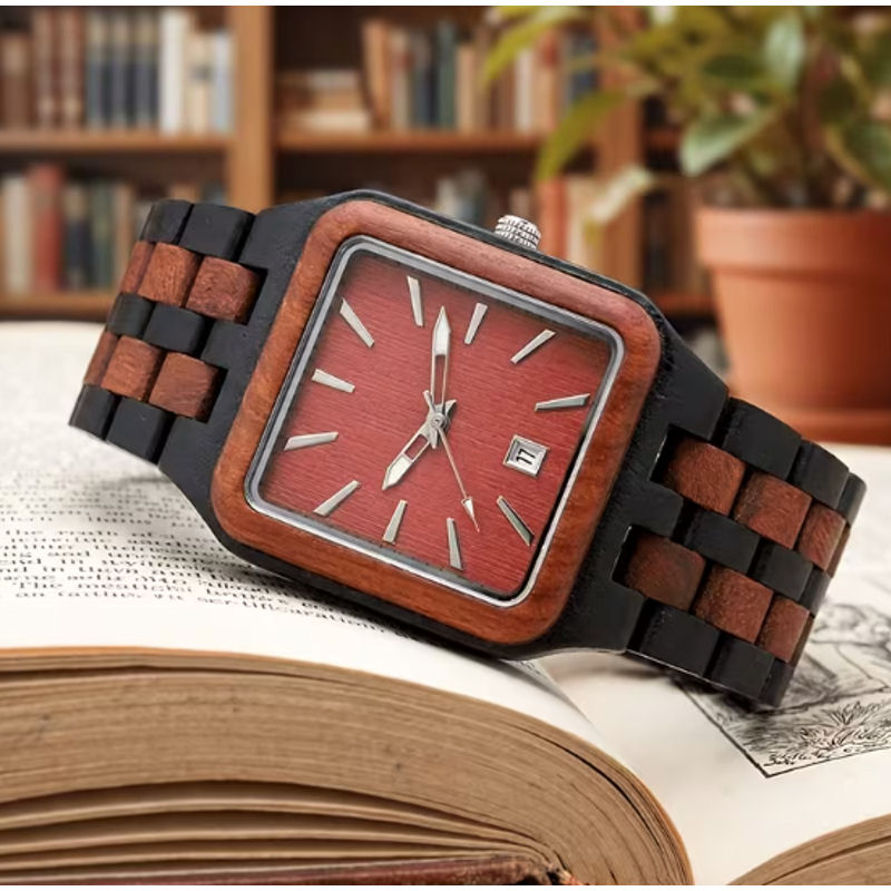 Montre Homme Carrée en Bois – Cadran Rouge & Bracelet Bicolore – Image 2