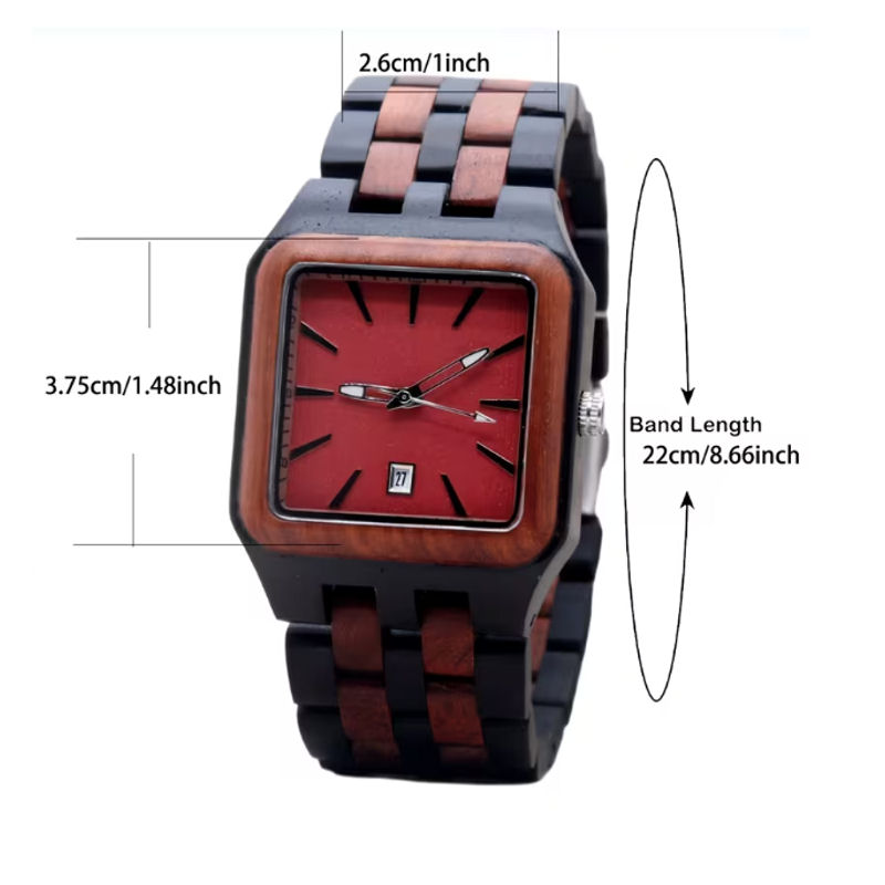 Montre Homme Carrée en Bois – Cadran Rouge & Bracelet Bicolore – Image 10