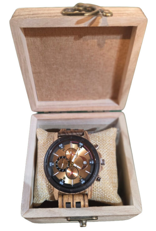 Montre en bois de luxe homme – quartz, calendrier complet, bracelet bois naturel, outil de réglage inclus