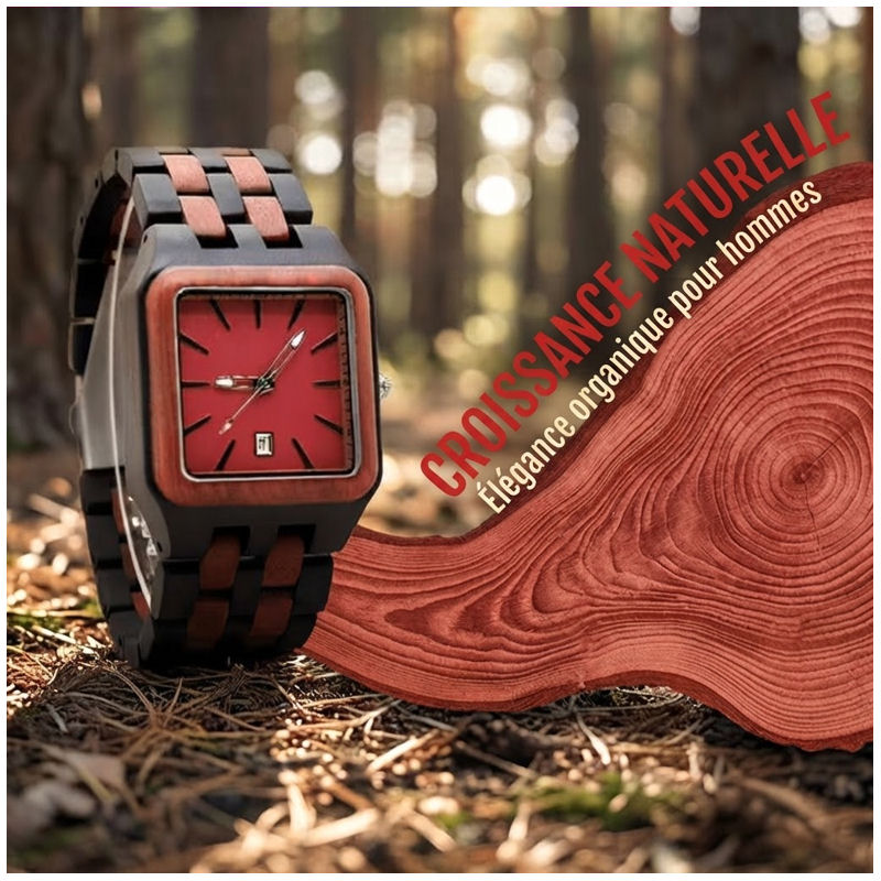 Montre Homme Carrée en Bois – Cadran Rouge & Bracelet Bicolore – Image 3