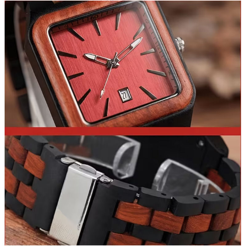 Montre Homme Carrée en Bois – Cadran Rouge & Bracelet Bicolore – Image 5