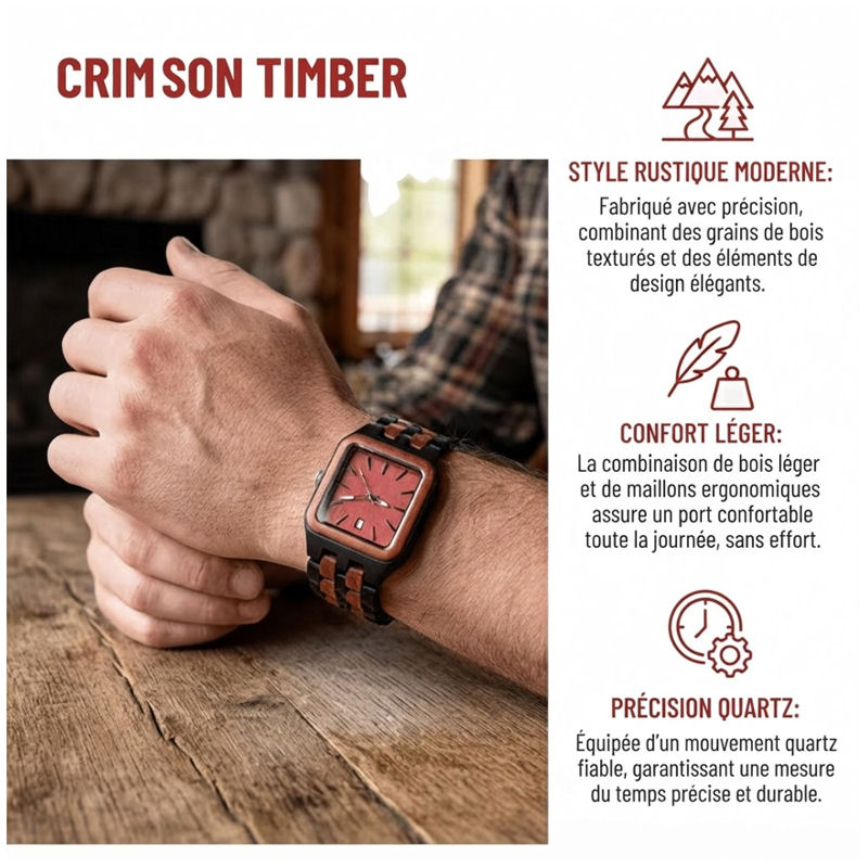 Montre Homme Carrée en Bois – Cadran Rouge & Bracelet Bicolore – Image 6