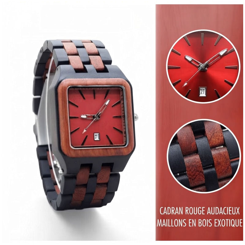 Montre Homme Carrée en Bois – Cadran Rouge & Bracelet Bicolore