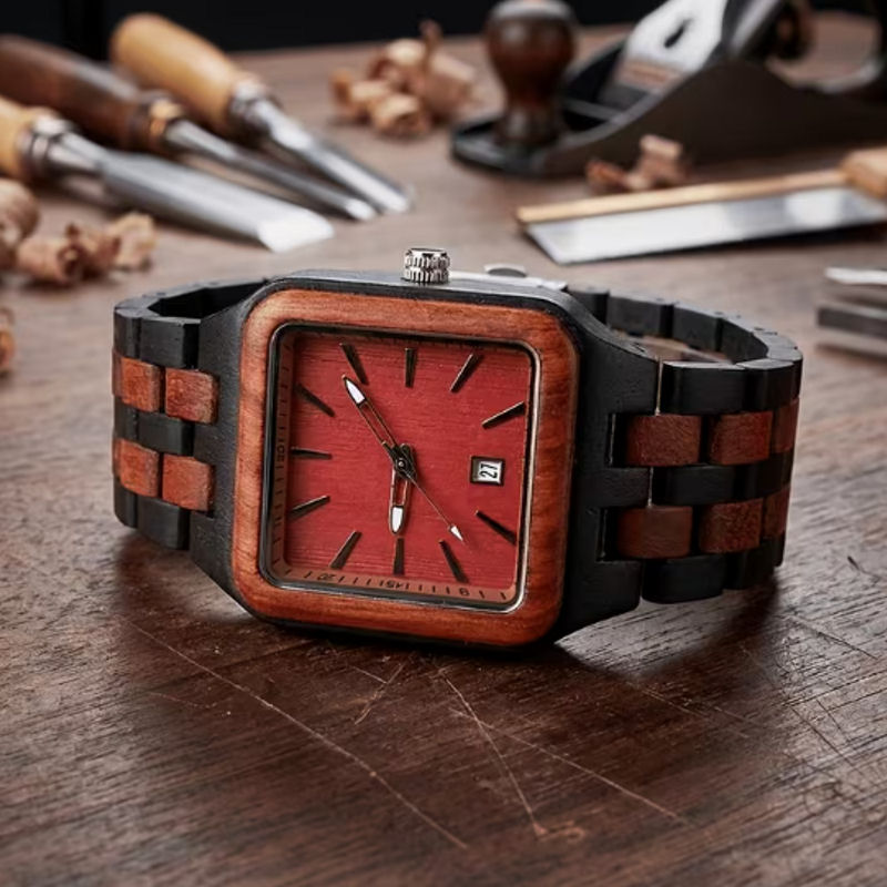 Montre Homme Carrée en Bois – Cadran Rouge & Bracelet Bicolore – Image 7