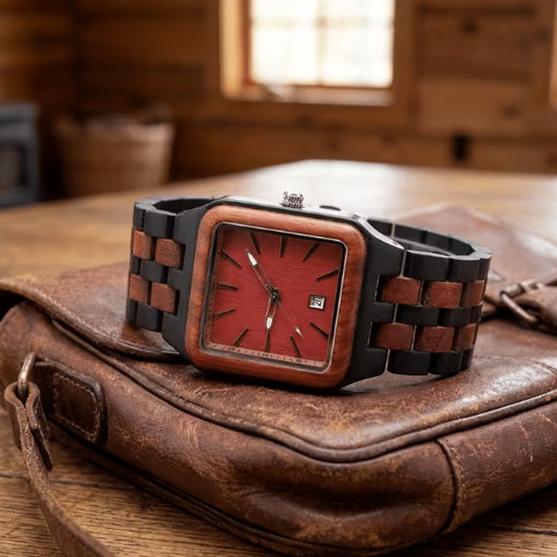 Montre Homme Carrée en Bois – Cadran Rouge & Bracelet Bicolore – Image 9