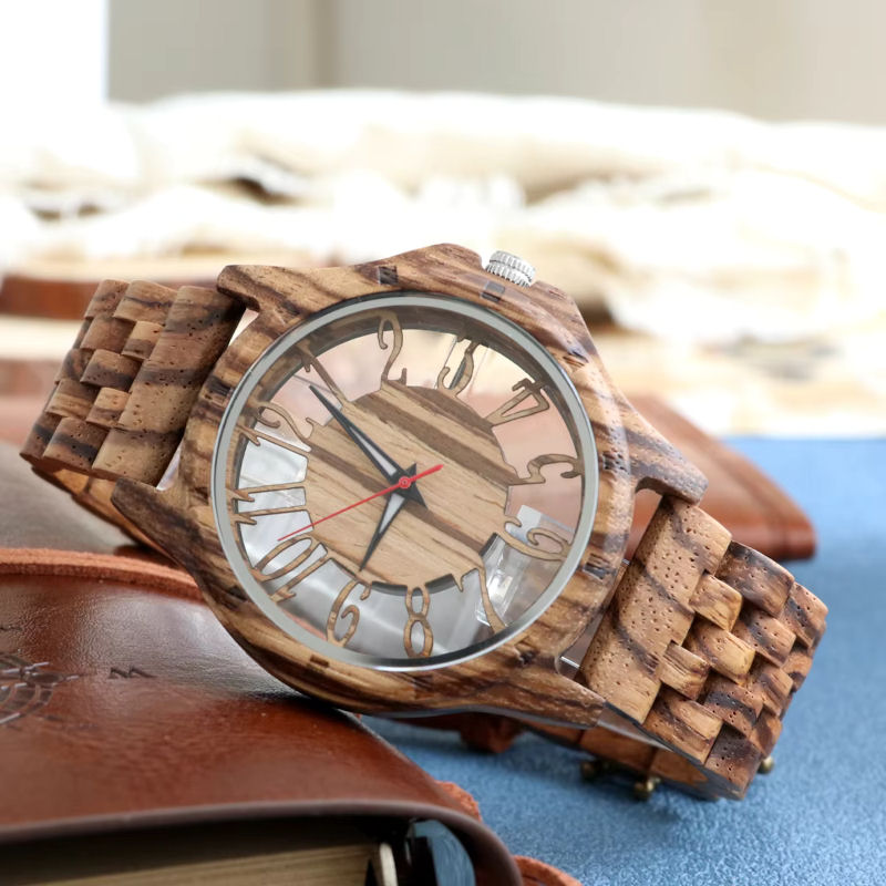 Montre en bois naturel minimaliste avec accessoires – cadran épuré marqueurs en chiffres arabes