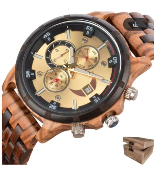Montre en bois de luxe homme – quartz, calendrier complet, bracelet bois naturel, outil de réglage inclus