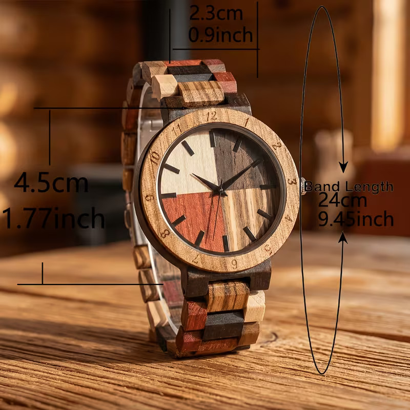 Montre homme en bois avec cadran quadrants multicolores et bracelet en bois coloré