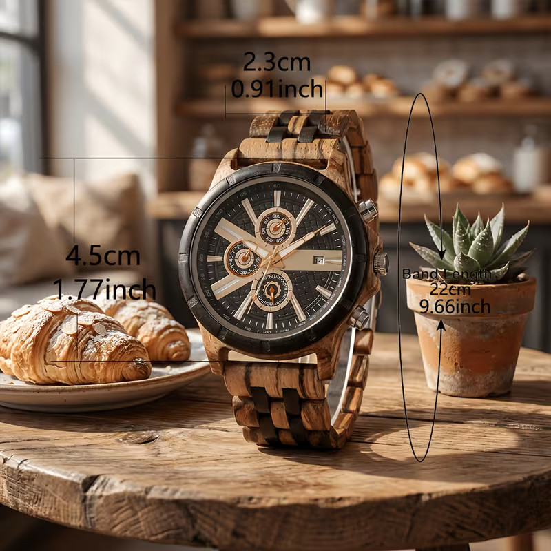 Montre homme en bois régénéré avec affichage analogique, date et chronomètre