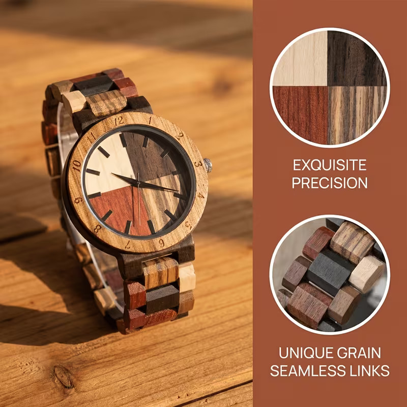 Montre homme en bois avec cadran quadrants multicolores et bracelet en bois coloré