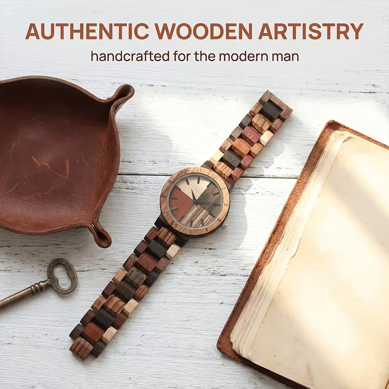 Montre homme en bois avec cadran quadrants multicolores et bracelet en bois coloré