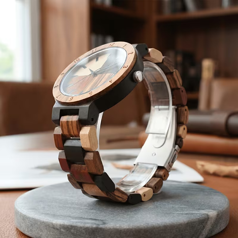 Montre homme en bois avec cadran quadrants multicolores et bracelet en bois coloré