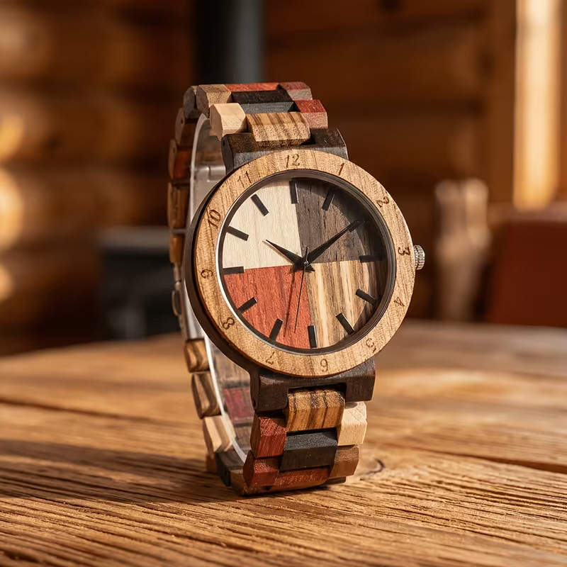 Montre homme en bois avec cadran quadrants multicolores et bracelet en bois coloré