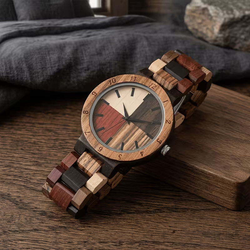 Montre homme en bois avec cadran quadrants multicolores et bracelet en bois coloré