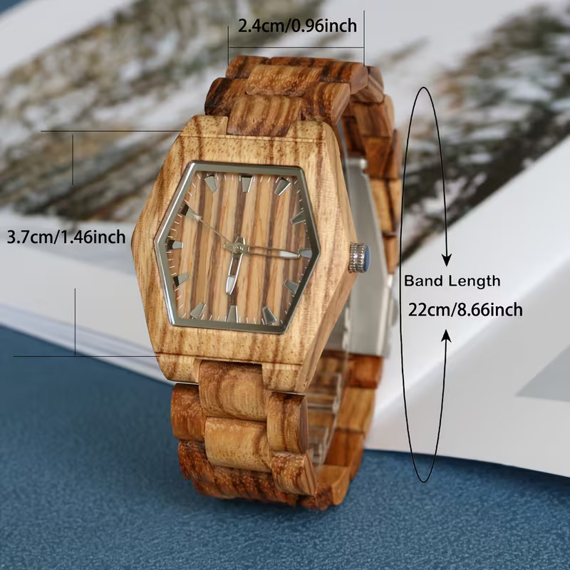 Montre vintage en bois avec cadran carré marron et bracelet en bois naturel