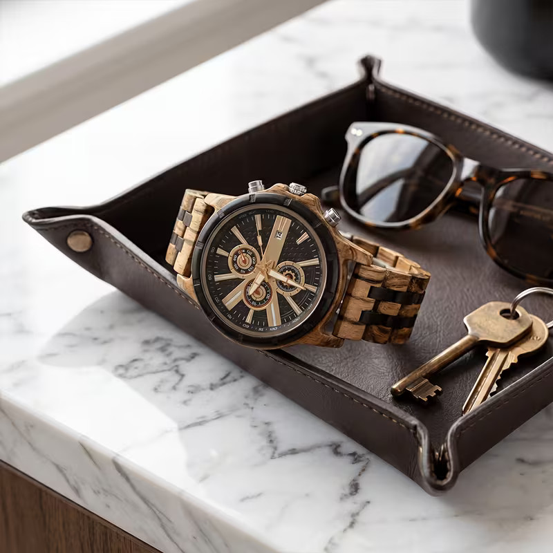 Montre homme en bois régénéré avec affichage analogique, date et chronomètre