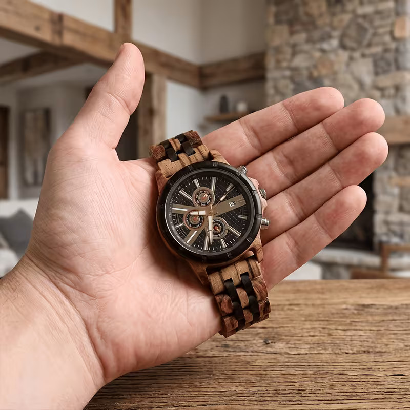 Montre homme en bois régénéré avec affichage analogique, date et chronomètre