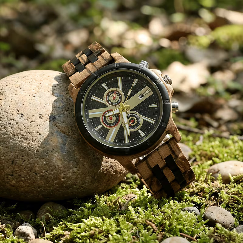 Montre homme en bois régénéré avec affichage analogique, date et chronomètre
