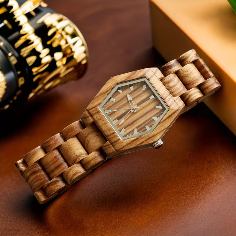 Montre vintage en bois avec cadran carré marron et bracelet en bois naturel