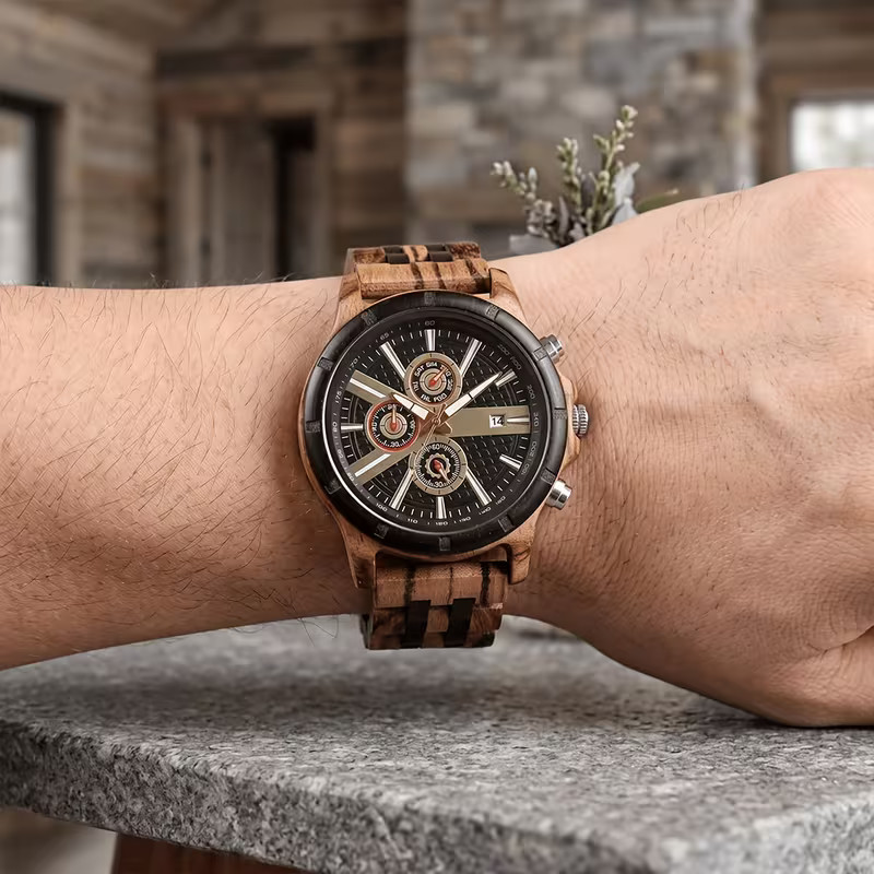 Montre homme en bois régénéré avec affichage analogique, date et chronomètre