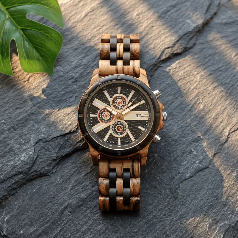 Montre homme en bois régénéré avec affichage analogique, date et chronomètre