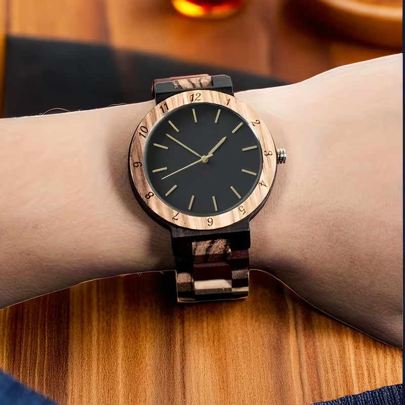 Montre homme en bois naturel avec cadran marron/noir et bracelet en bois texturé