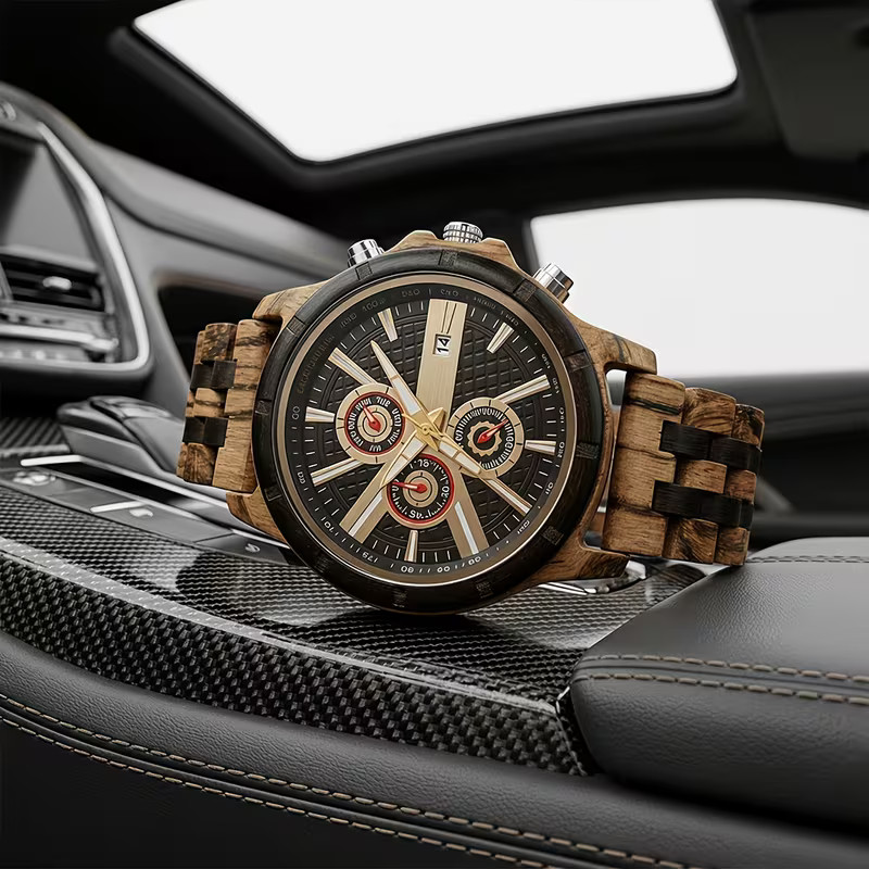 Montre homme en bois régénéré avec affichage analogique, date et chronomètre