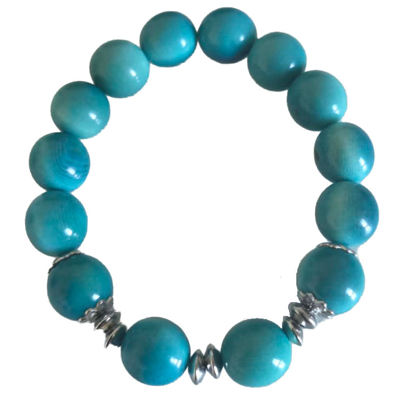 Bracelet tagua bleu foncé 14 perles avec pastilles et intercalaires acier – 18 g env.