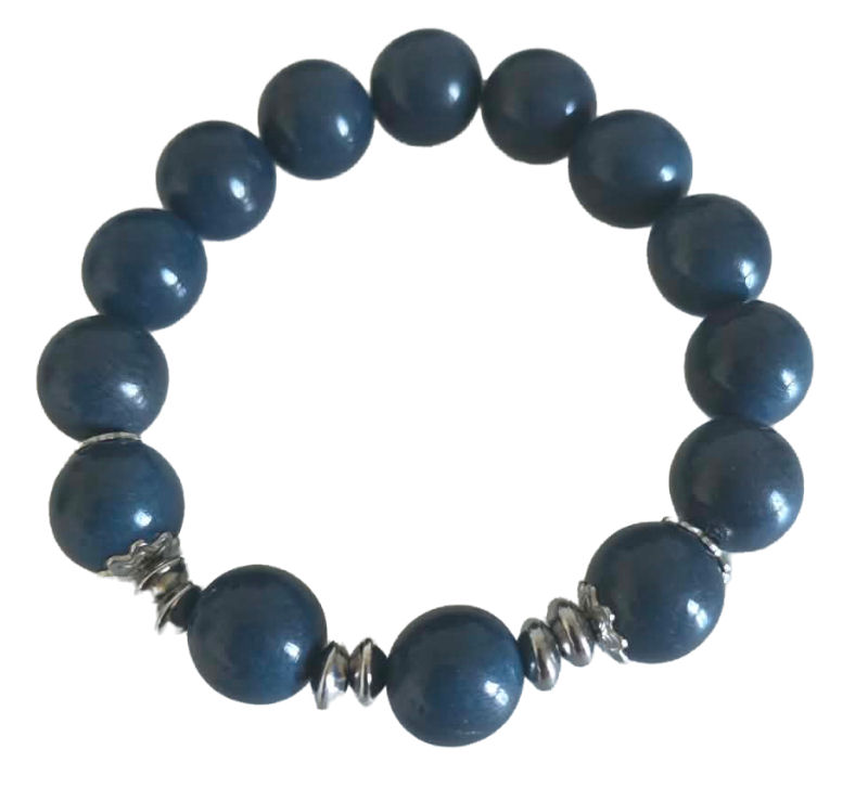 Bracelet bleu foncé en perles de Tagua 12 mm, pastilles et intercalaires en acier,