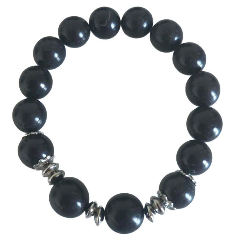 Bracelet artisanal en tagua noir avec 14 perles et éléments en acier